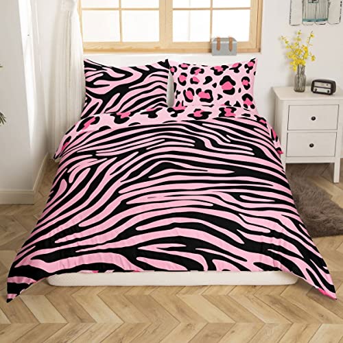 TAKOLI Bettwäsche 155 x 220 Rosa Leopardendruck, Weiche Microfaser Zebra Streifen Bettwäsche Set 3 teilig - Für Mädchen Frau Bettbezug & 2 Kissenbezüge 80x80, mit Reißverschluss von TAKOLI