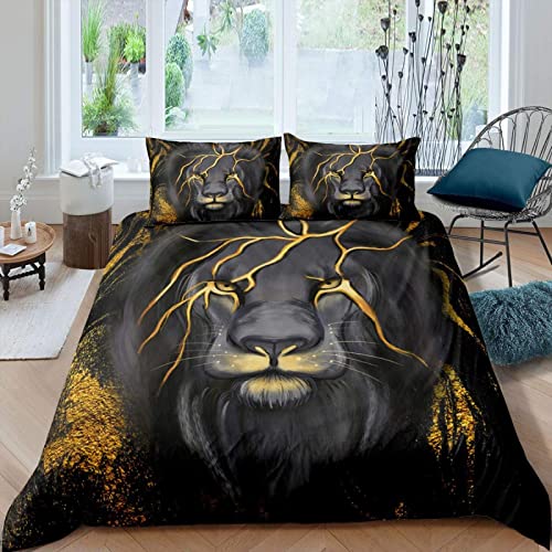 TAKOLI Bettwäsche 200 x 200 Löwen, Weiche Microfaser 3D Druck Spielee Tiere Bettwäsche Set 3 teilig - Gold und Schwarz Bettbezug & 2 Kissenbezüge 80x80, mit Reißverschluss von TAKOLI
