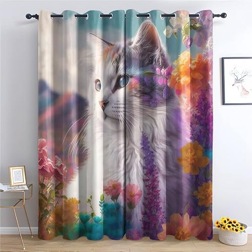 TAKUAN Katze Vorhänge Verdunklung svorhänge mit Muster Blume, Vorhang Blickdicht mit Ösen Gardinen Wohnzimmer Schlafzimmer Kinderzimmer Dekoration 2er Set-245 x 140 (H X B) von TAKUAN