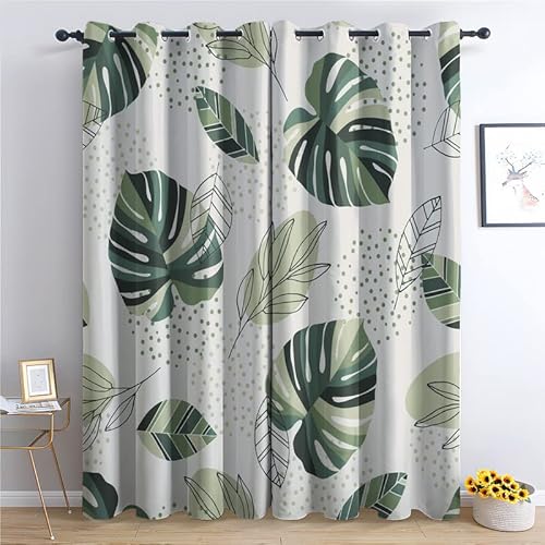 TAKUAN Monstera Vorhänge Verdunklung svorhänge mit Muster Blätter, Vorhang Blickdicht mit Ösen Gardinen Wohnzimmer Schlafzimmer Kinderzimmer Dekoration 2er Set-200 x 140 (H X B) von TAKUAN