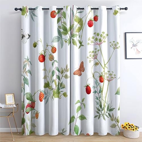 TAKUAN Schmetterling Vorhänge Verdunklung svorhänge mit Muster Erdbeere Botanisch, Vorhang Blickdicht mit Ösen Gardinen Wohnzimmer Schlafzimmer Kinderzimmer Dekoration 2er Set-200 x 140 (H X B) von TAKUAN