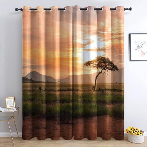 TAKUAN Sonnenuntergang Vorhänge Verdunklung svorhänge mit Muster Afrikanische Savanne, Vorhang Blickdicht mit Ösen Gardinen Wohnzimmer Schlafzimmer Kinderzimmer Dekoration 2er Set-137 x 117 (H X B) von TAKUAN
