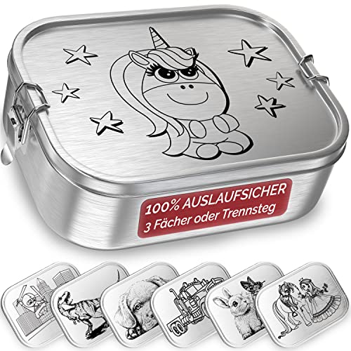 TAKWAY Edelstahl Brotdose Kinder mit Fächern 800ml | Auslaufsicher | Bento Box mit Unterteilung variabel | Jausenbox Brotbox Kindergarten Kita Schule (Einhorn, Trennsteg) von TAKWAY