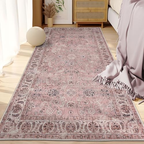 Taleta DAMAIA Waschbare Teppiche für Wohnzimmer, kleine rosa Läufer, Teppiche, Boho, Vintage, weicher Kurzflor-Bereich, für Nachttisch, Flur, Eingang, Schlafzimmer (Rosa, 80 x 150 cm) von TALETA