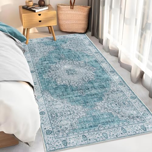 Taleta KALU Waschbare Teppiche Wohnzimmer Blau Kleiner Läufer Teppich, Weicher Kurzflor Vintage Boho Bereich Teppich für Nachttisch, Flur, Eingang, Schlafzimmer (Blau, 80 x 150 cm) von TALETA