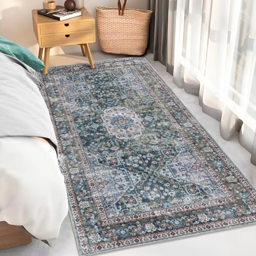 Taleta KALU Waschbare Teppiche für Wohnzimmer, Grün, kleiner Läufer, weicher Kurzflor, Vintage, Boho-Bereich, Teppich für Nachttisch, Flur, Eingang, Schlafzimmer (Grün, 80 x 150 cm) von TALETA