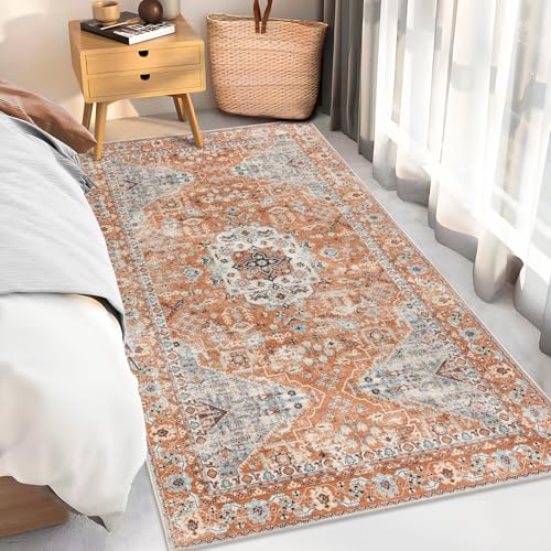 Taleta KALU Waschbare Teppiche für Wohnzimmer, Orange, kleiner Läufer, weicher Kurzflor, Vintage, Boho-Bereich, Teppich für Nachttisch, Flur, Eingang, Schlafzimmer (Orange, 80 x 150 cm) von TALETA