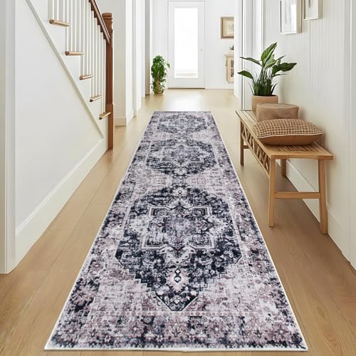 Taleta KALU Waschbarer Flur Läufer Teppich Lang Lila rutschfest Weich Niederflor Vintage Boho Teppichläufer 80x300cm für Eingang Wohnzimmer Küche von TALETA