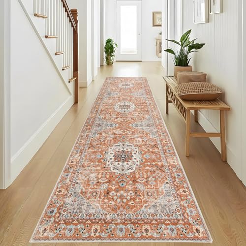 Taleta KALU Waschbarer Flur Läufer Teppich Lang Orange rutschfest Weich Niederflor Vintage Boho Teppichläufer 80x300cm für Eingang Wohnzimmer Küche von TALETA