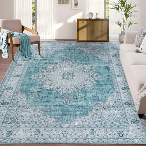 Taleta KALU Waschbarer Teppich, Wohnzimmer, groß, blau, rutschfest, Vintage, orientalisch, weicher Kurzflor-Teppich für Küche, Esszimmer, Schlafzimmer (Blau, 240 x 340 cm) von TALETA