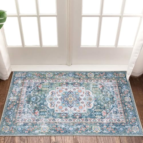 Taleta KALINA Waschbare Fußmatten für den Innenbereich, kleiner Teppich, blau, rutschfest, dünn, Fußmatte für den Eingangsbereich, weiche Eingangsteppiche, Vintage-Kurzflor-Fußmatten für Flur, von TALETA