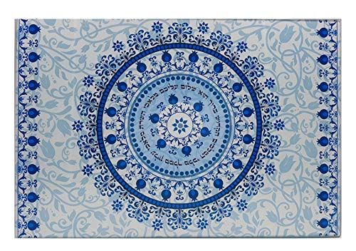 Shabbat Challah Brotschneidebrett und Tablett, blauer Granatapfel, Blumenmuster, gehärtetes Glas, Judaica-Geschenk von TALISMAN4U