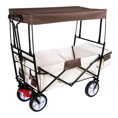 Faltbarer Handwagen mit abnehmbarem Dach & Teleskopgriff, 2 Netztaschen & Kühltasche | Bollerwagen Transportkarre Gerätewagen | Vorderrad-Bremse | klappbar | Vollgummi-Reifen | bis 100 kg Tragkraft von TALK-POINT