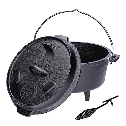 Premium Dutch Oven aus Gusseisen GDO45P (ca. 4,5 Liter) | Füße an Topf und Deckel | Thermometerdurchführung | inkl. Deckelheber | Verschiedene Größen | bereits eingebrannt (preseasoned) von TALK-POINT