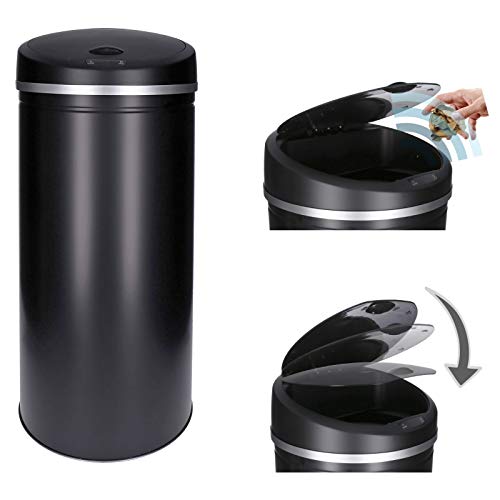 Sensor- Abfallbehälter 30 - 60 Liter mit Abfallbeutelbefestigung, elektrischer Mülleimer, lackierter Stahl, rechteckig automatisches Öffnen/Schließen, Bewegungssensor (50 Liter, Schwarz, Rund) von TALK-POINT