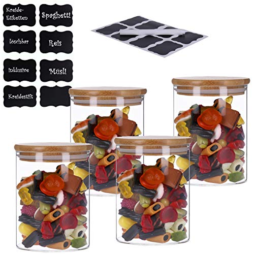 TALK-POINT 4er Set Vorratsdosen aus Glas mit Bambusdeckel Vorratsgläser Glasbehälter Spaghetti- Glas | inkl. 8 Kreideetiketten und Stift | luftdicht Spülmaschinenfest Mottensicher (4x 700 ml) von TALK-POINT