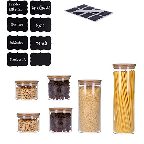 TALK-POINT 6er Set Vorratsdosen aus Glas mit Bambusdeckel Vorratsgläser Glasbehälter Spaghetti- Glas | inkl. 8 Kreideetiketten und Stift | luftdicht Spülmaschinenfest Mottensicher (6er Set - Mix) von TALK-POINT