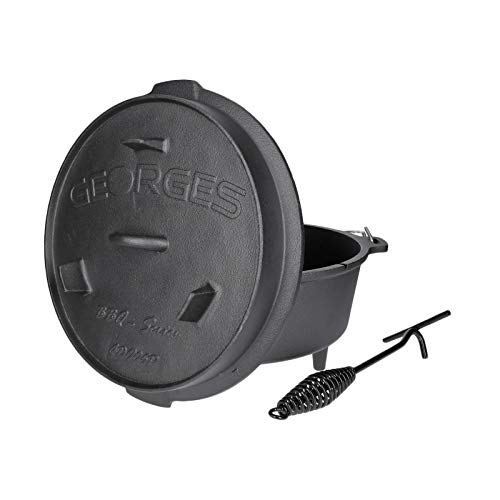 TALK-POINT Premium Dutch Oven aus Gusseisen GDP06P (ca. 7,5 Liter) | Füße an Topf und Deckel | Thermometerdurchführung | inkl. Deckelheber | Verschiedene Größen | bereits eingebrannt (preseasoned) von TALK-POINT