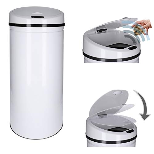 TALK-POINT Sensor- Abfallbehälter 30-60 Liter mit Abfallbeutelbefestigung, elektrischer Mülleimer, lackierter Stahl, rechteckig automatisches Öffnen/Schließen, Bewegungssensor (30 Liter, Weiß, Rund) von TALK-POINT