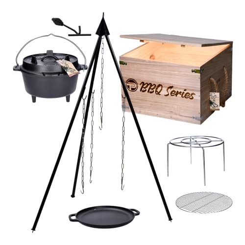 TP Premium BBQ Dutch-Oven Tripod Set, 7-teilig mit Feuer-Topf, Dreibein, Pfanne aus Gusseisen, Grillrost inkl. Grill-Zubehör und Holzkiste, ideal als Geschenk-Set von TALK-POINT