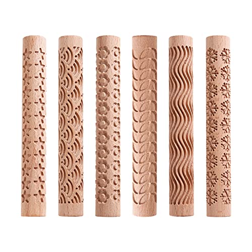 TALOEYH 6 Stile Ton Modelliermuster Roller, Holz Textur Walzen Handgemachte Ton Nudelholz Strukturierte Handroller Keramik Werkzeuge für DIY Handwerk (Typ 1) von TALOEYH