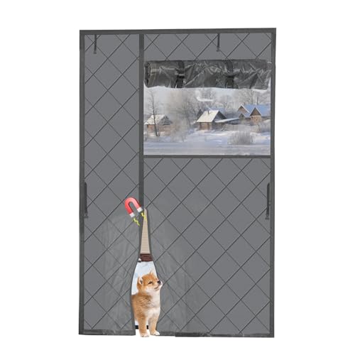 TALOEYH Magnetischer thermisch isolierter Türvorhang, winddicht, wasserdicht, Wintertürabdeckung mit Fenster, dicker Oxford-Stoff, automatischer Verschluss, Isolierung, Türvorhang, grau (120 x 210 cm) von TALOEYH