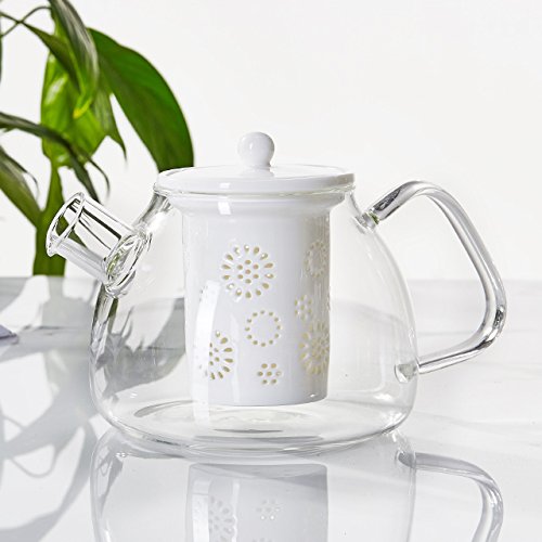 TAMUME 1000ml Glas Teekanne mit Porzellan Teekanne Sieb (White) von TAMUME