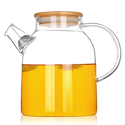 TAMUME 1500ML Glas-Teekanne mit Bambus Deckel und Edelstahl-Filter-Spule Glas Wasser-Krug Ideal für Obst-Tee-Container und blühende Teekanne von TAMUME