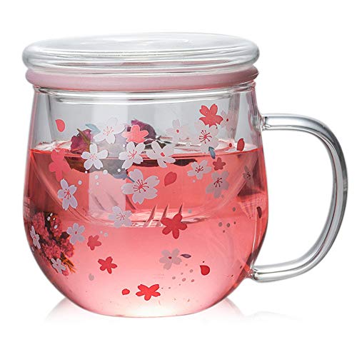 TAMUME 300ml Glas Teetasse mit Sieb und Deckel, Rosa Blumenmuster von TAMUME