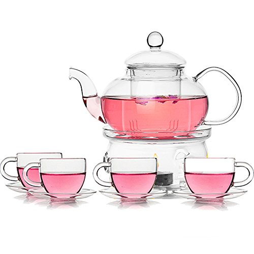 TAMUME Classic-Stil Blühende Glas Tee-Set Inklusive 1 * 600ml Teekanne und 1 Tee-Wärmer mit 4 Tassen und 4 * 100ml Untertassen Glasgeschirr Teekanne und Tee-Set von TAMUME