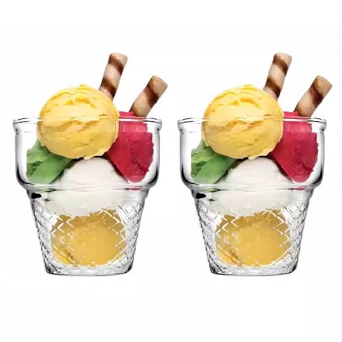 TAMUME Eisbecher aus Glas mit Waffelkegel Design, 2er Set Glas Dessertschale von TAMUME