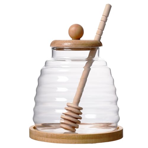 TAMUME Honigglas mit Holzlöffel, Untersetzer aus Holz und Holzdeckel, 500 ml von TAMUME