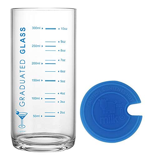 TAMUME Milchglasbecher und Becher mit Maßen, Glas mit Maßangaben und Silikondeckel (Blau) von TAMUME
