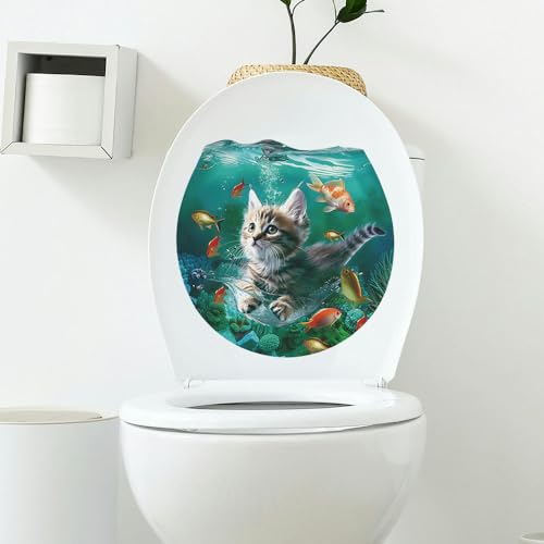 TAMUNI 29 * 29 cm 3 stücke Katze Im Meer Selbstklebende Wc-Deckel Aufkleber Lustige PVC wasserdichte Wc-Sitz Aufkleber für Deckel Wand Aufkleber von TAMUNI
