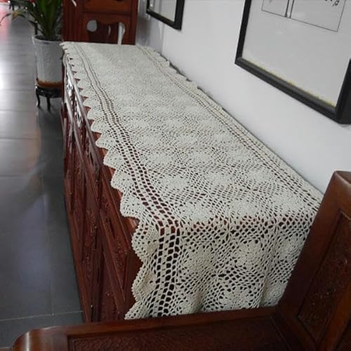 TAMUNI Handgefertigter Tischläufer aus gehäkelter Baumwollspitze, gestrickte Tischdecke mit Ausschnitten, Couchtischabdeckung, Beige/Weiß von TAMUNI