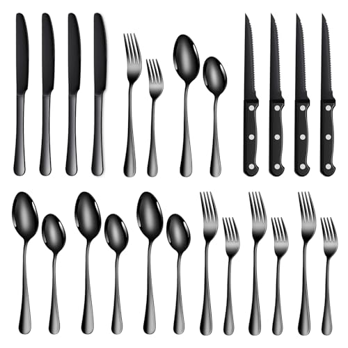 TAN REN Besteck Set Schwarz 4 Personen, 24-teiliges Edelstahl Besteckset mit Steakmesser, Elegantes Essbesteck mit Messer Gabel Löffel, Tafelbesteck für Küche/Restaurant von TAN REN