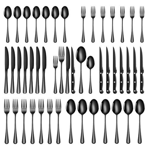 TAN REN Besteck Set Schwarz 8 Personen, 48-teiliges Edelstahl Besteckset mit Steakmesser, Elegantes Essbesteck mit Messer Gabel Löffel, Tafelbesteck für Küche/Restaurant von TAN REN