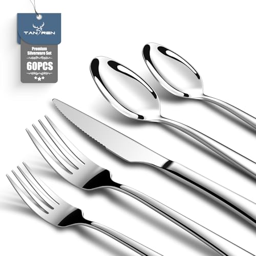 TAN REN Edelstahl Besteck Set 12 Personen, 60-Teiliges Besteckset mit Steakmesser, Elegantes Essbesteck mit Messer Gabel Löffel Set, Cutlery Set für Küche/Restaurant von TAN REN