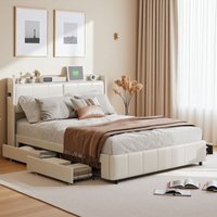 Bett 140 x 200 cm – mit 4 Schubladen, USB- und Typ-C-Ladeanschluss, Erwachsenenbett mit LED-beleuchtetem Kopfteil, Lattenrost, Jugendbett, Kunstleder von TANANT