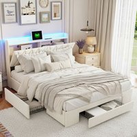 Bett 140x190 cm mit Schubladen, Doppelbett mit 4 Schubladen, integrierter LED-Lichtleiste und USB-Ladeanschluss, 2 Plätze, Design, Samt, Beige von TANANT