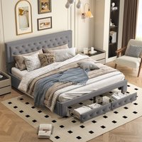 Bett 160 x 200 cm – gepolstertes Kopfteil mit Knöpfen, hydraulisch anhebbarer Stauraum, Doppelbett mit 2 Schubladen, Boxspringbett, Lattenrost, von TANANT