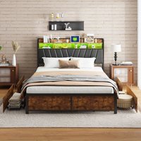 Bett 180x200 cm – mit 4 Schubladen, Kopfteil mit LED-Beleuchtung und USB-Ladeanschluss, Metallgestell, Bett für Erwachsene im Industriestil, von TANANT