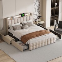 Bett mit Schubladen 160x200 cm - mit 4 Schubladen und Kopfteil, USB- und Typ-C-Ladeanschluss, Lattenrost, mit LED-Beleuchtung, Stauraum - Beige von TANANT