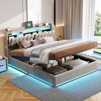 Bettkasten 140x190 cm, 140x190 Bett, gepolstertes Kopfteil mit integrierter LED und USB-Ladeanschluss, Lattenrost, Stauraum, Samt, Design, Grau von TANANT