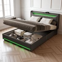Bettkasten 140x190 cm, Doppelbett mit Stauraum, integrierte LED-Beleuchtung, Bett mit Lattenrost, Samtbezug, modernes Design, Grau von TANANT