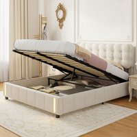 Bettkasten 140x190 cm, Doppelbett mit Stauraum, integrierte LED-Lichtbänder auf beiden Seiten des Bettfußes, gepolstertes Kopfteil, Lattenrost, Bettkasten 140x190 cm, Doppelbett mit Stauraum, integrierte LED-Lichtbänder auf beiden Seiten des Bettfußes, gepolstertes Kopfteil, Lattenrost, von TANANT