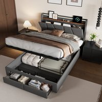 Bettkasten 160x200 cm, Leinenstoff, Doppelbett mit Lattenrost, Kopfteil mit LED-Beleuchtung und USB, 2 Schubladen, großer Stauraum, Design, Dunkelgrau von TANANT