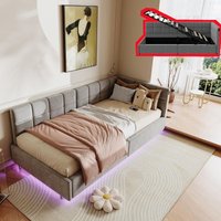 Bettkasten 90x200 cm, Einzelbett mit integrierter LED-Beleuchtung, USB- und Type-C-Anschlüsse, Holzplattenrost, 1-Personen, modern, Samt, Grau von TANANT