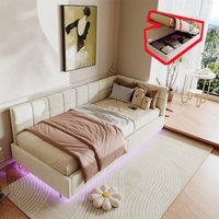 Bettkasten 90x200 cm, Einzelbett mit integrierter LED-Beleuchtung, USB- und Type-C-Anschlüssen, Holzplattenrost, 1-Personen, modern, Samt, Creme Bettkasten 90x200 cm, Einzelbett mit integrierter LED-Beleuchtung, USB- und Type-C-Anschlüssen, Holzplattenrost, 1-Personen, modern, Samt, Creme von TANANT