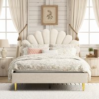 Doppelbett 140x190 cm, Prinzessinnenbett mit Kopfteil in Blütenblattform, Lattenrost, Bettgestell, Jugendbett, Samt, Gepolstertes Erwachsenenbett, von TANANT